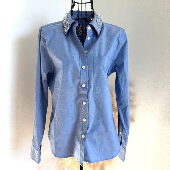 Jason Wu Blue Embellished Collar Button Up Shirt NEW Small- Glam, Preppy - Picture 3 of 11